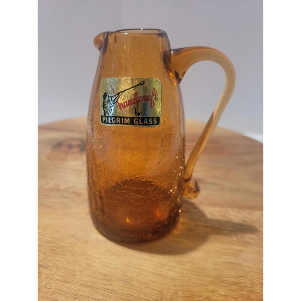 Vintage Amber Brown Handcraft by Pilgrim Crackle Glass Small Mini Pitcher